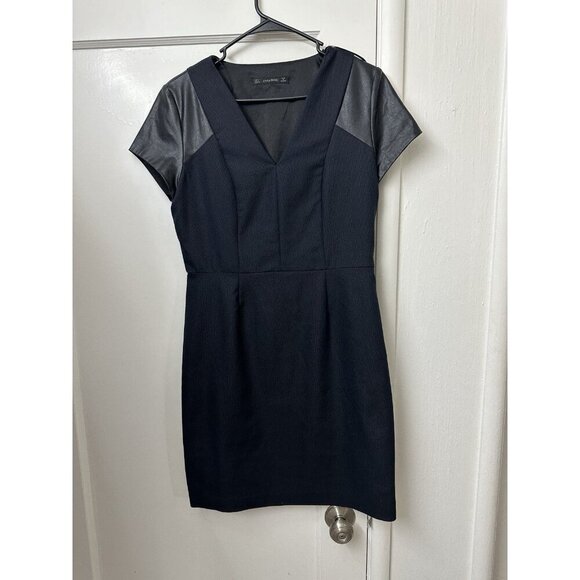 Zara Basic Little Black Dress Large Faux Leather Shoulders Mini Micro Polka Dot - Picture 1 of 4